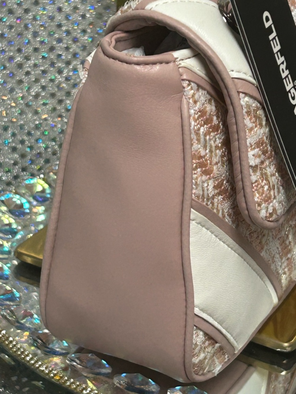Karl Lagerfeld Blush Pink and White Tweed Chain Shoulder Bag - Picture 3 of 16
